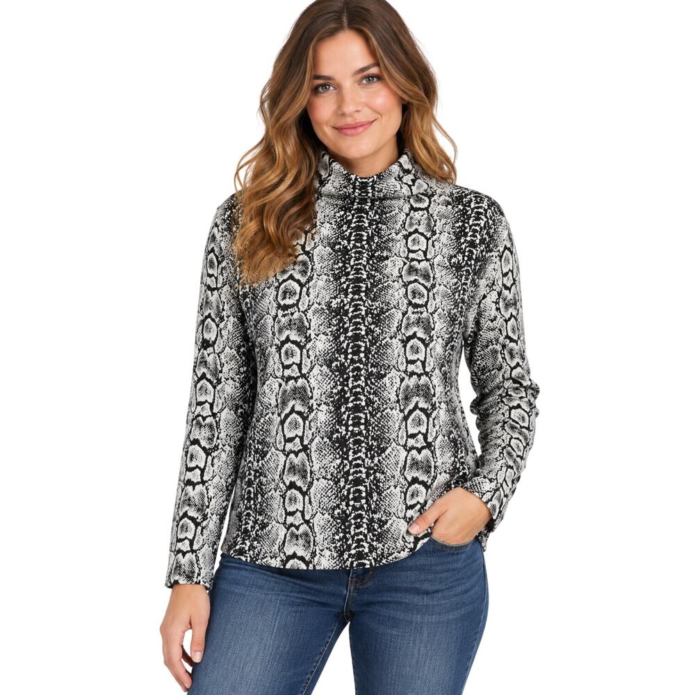 MNG sz M black white snakeskin mock high neck sweater long sleeve career slub